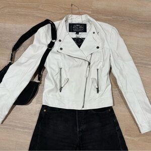 Blanc Noir White Leather Moto Jacket Asymmetrical Zipper Classic Premier Brand
